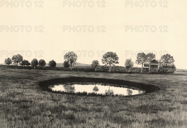 Soll, small, circular depression filled with water in the area of ground and terminal moraines, near Hagebök in Mecklenburg-Western Pomerania, Germany, authentic reproduction of a school wall painting, historic, around 1900