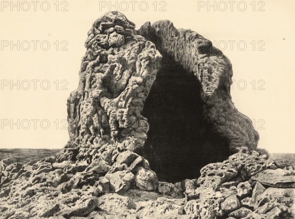 Cinder cone, Hornito, at the east foot of Montana del Fuego in Lanzarote, Canary Islands, Spain, authentic reproduction of a school mural, historic, around 1900