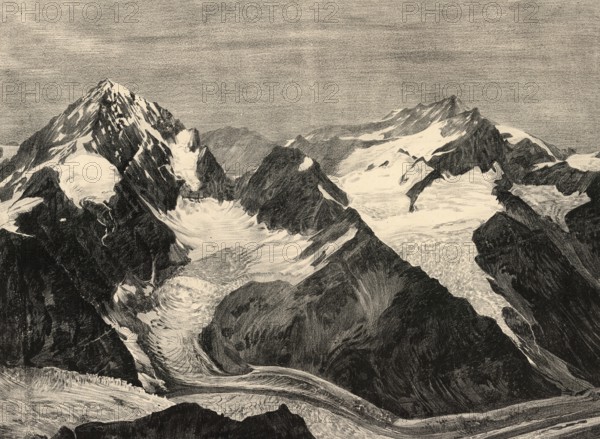 View of Dent Blanche, a largely ice-free mountain peak in the Valais Alps, in the south of the canton of Valais, Switzerland, authentic reproduction of a school wall painting, historic, around 1900