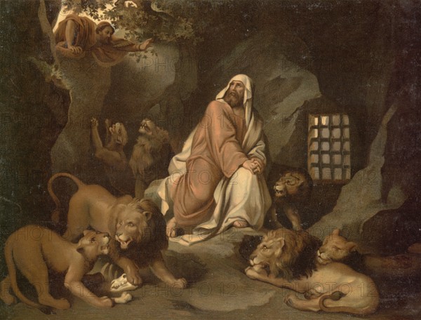 Scene from the biblical story, Daniel in the lion's den, well-known biblical story in which the prophet Daniel is slandered by envious court officials and thrown into a pit with hungry lions as punishment for continuing to pray to his god, authentic reproduction of a school mural, historical, around 1900