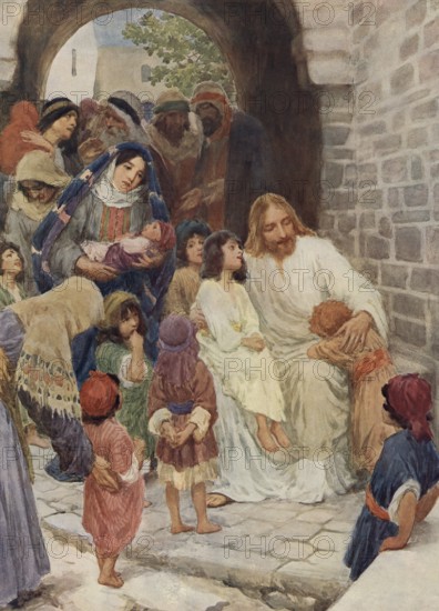 Scene from the biblical story, Christ Blessing the Children, Child Blessing Jesus, authentic reproduction of a school mural, historical, around 1900