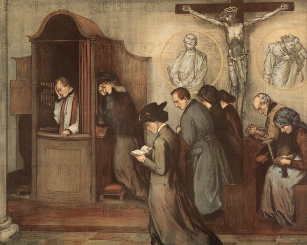 Scene from the biblical story, confession of sins in front of a priest, authentic reproduction of a school mural, historical, around 1900