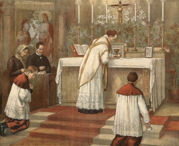 Scene from the biblical story, communion, communion, in a religious context the communion of believers with God and one another, in particular through the sacrament of the Eucharist, authentic reproduction of a school mural, historical, around 1900
