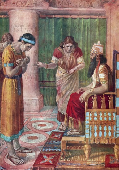 Scene from the biblical story, the biblical figure Daniel, who was abducted into Babylonian exile as a young Jew and became an important figure at the court of kings Nebuchadnezzar and Darius there through his wisdom and loyalty to God, authentic reproduction of a school mural, historical, around 1900