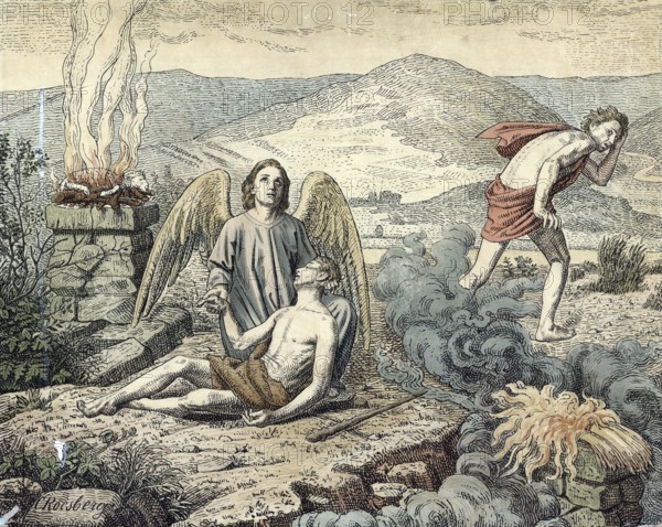 Scene from the biblical story, Cain and Abel, a central story from Genesis, the Bible, in which the farmer Cain kills his brother Abel, a shepherd, out of jealousy, authentic reproduction of a school mural, historical, around 1900