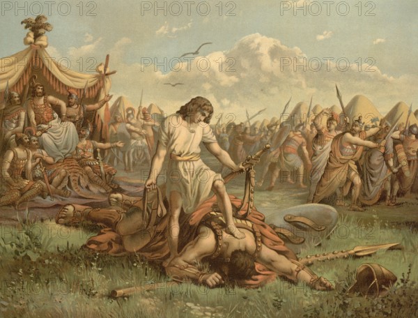 Scene from the biblical story, The story of David and Goliath is from the Old Testament of the Bible and describes the unlikely victory of a young shepherd over a huge warrior, authentic reproduction of a school mural, historical, around 1900