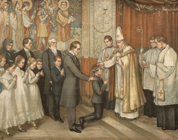 Scene from the biblical story, confirmation or confirmation, term on a sacrament or a rite of the church, authentic reproduction of a school wall painting, historical, around 1900