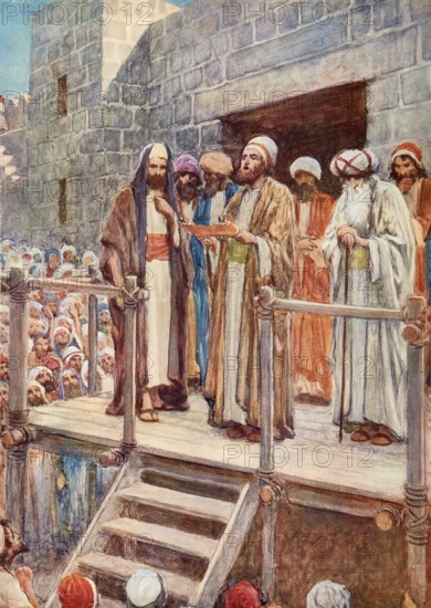 Scene from the biblical story, Ezra taught the law (the Torah) after his arrival in Jerusalem with the help of a group of Jewish exiles from Babylon under the patronage of King Artaxerxes I in order to purify the people and enforce the observance of the divine laws, authentic reproduction of a school mural, historical, around 1900