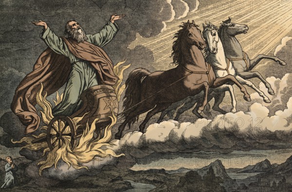 Scene from the biblical story, The Ascension of Elias, based on the biblical story in which the Prophet Elias ascended to heaven in a chariot of fire, authentic reproduction of a school mural, historical, around 1900