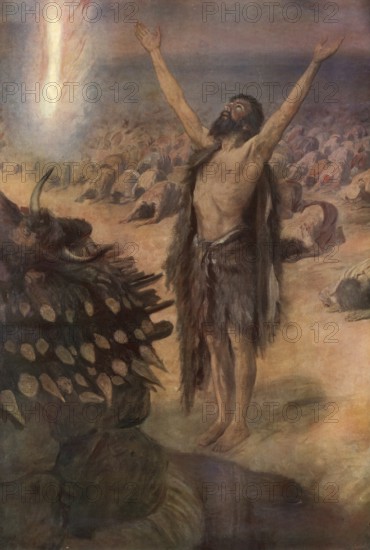 Scene from the biblical story, Elijah on Mount Carmel. After years of drought, Elijah challenges King Ahab and the 450 prophets of Baal to a competition on Mount Carmel, authentic reproduction of a school mural, historic, around 1900