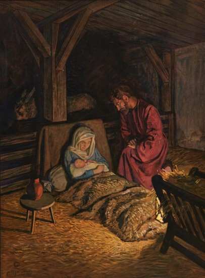 Scene from the biblical story, The birth of Jesus, celebrated at Christmas (25 December), took place in Bethlehem, according to the biblical account, when Mary and Joseph were on their way there, with Jesus being born in a manger, authentic reproduction of a school mural, historical, around 1900
