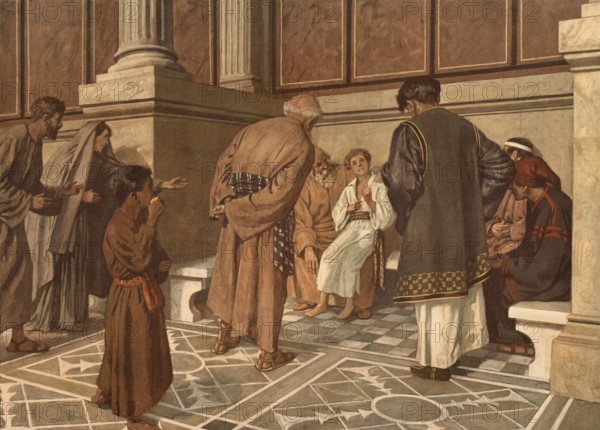 Scene from the biblical story, the story of the twelve-year-old Jesus in Tempe, discovery in the temple, the only account of Jesus' youth in the Bible, authentic reproduction of a school mural, historical, around 1900