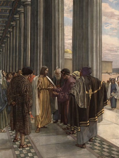 Scene from the biblical story, The Interest Groschen, a famous New Testament theme in which Jesus points at a coin and says: Give to the emperor what is the emperor and to God what is God, authentic reproduction of a school mural, historical, around 1900