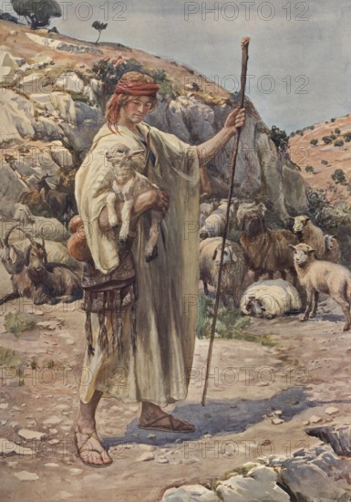 Scene from the biblical story, David the Shepherd Boy or David the Shepherd, a well-known biblical figure, authentic reproduction of a school mural, historical, around 1900