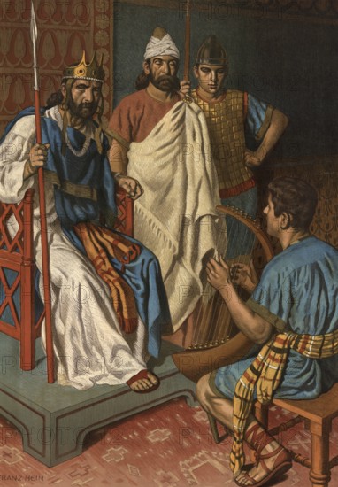 Scene from the biblical story, David plays in front of Saul, In the biblical story, young David plays the harp in front of King Saul to alleviate his painful conditions, authentic reproduction of a school wall painting, historical, around 1900