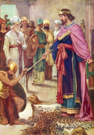 Scene from the biblical story, King David, central figure of the Bible, the youngest son of Jesse, a shepherd by profession, who became famous for his victory over Goliath and later became king over all Israel (ca. 1000 BC), authentic reproduction of a school mural, historical, ca. 1900
