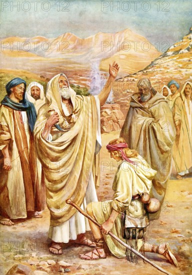 Scene from the biblical story, David is anointed king, refers to the biblical story in which the prophet Samuel anointed David with oil to mark him as the future king of Israel, authentic reproduction of a school mural, historical, around 1900