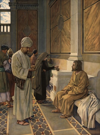 Scene from the biblical story, The Little Little Widow, well-known story from the New Testament, in which Jesus praises a poor widow for throwing two small coins into the temple treasure while the rich only gave a small part of their abundance, authentic reproduction of a school mural, historical, around 1900