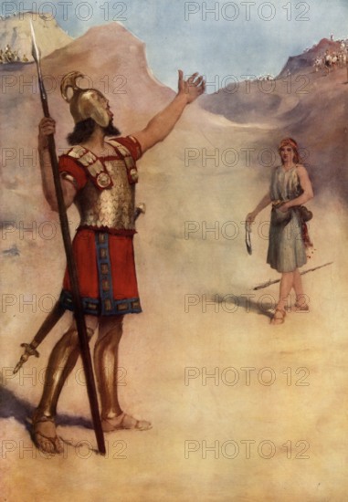 Scene from the biblical story, The story of David and Goliath is from the Old Testament of the Bible and describes the unlikely victory of a young shepherd over a huge warrior, authentic reproduction of a school mural, historical, around 1900