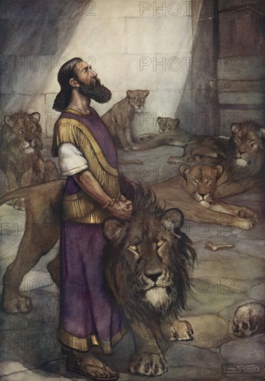Scene from the biblical story, Daniel in the lion's den, well-known biblical story in which the prophet Daniel is slandered by envious court officials and thrown into a pit with hungry lions as punishment for continuing to pray to his god, authentic reproduction of a school mural, historical, around 1900