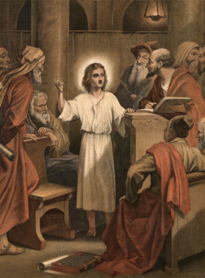 Scene from the biblical story, The story of Jesus as a twelve-year-old in the temple is the only biblical tradition from his youth, authentic reproduction of a school mural, historical, around 1900