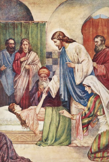 Scene from the biblical story, The Raising of the Daughter of Jairus is a well-known miracle of Jesus in which the synagogue leader Jairus asked Jesus for help because his 12-year-old daughter was dying, authentic reproduction of a school wall painting, historical, around 1900