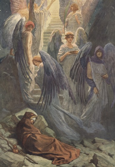 Scene from the biblical story, Jacob's dream, the biblical story of Jacob's Ladder, in which Jacob in a dream sees a ladder reaching from earth to heaven, with angels ascending and descending on it, authentic reproduction of a school mural, historical, around 1900