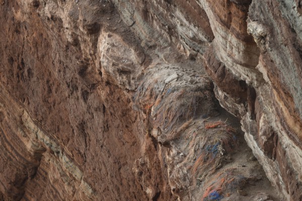 A rocky coastal area with abandoned nests of a gannet colony (Sula bassana) made of various materials with lots of plastic waste from old fishing nets in an earthy environment on the cliffs of the island of Helgoland, Helgoland, Schleswig-Holstein, Germany