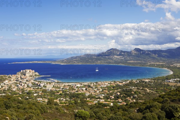 View of Calvi Citadel and Calvi Bay, in the background Cap Corse, Haute-Corse Department, Balagne, Corsica, France