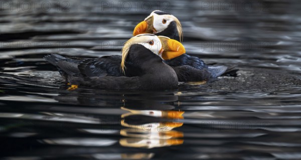 Yellow-crested Puffin (Fratercula cirrhata), two birds swimming in the water, Alaska, USA