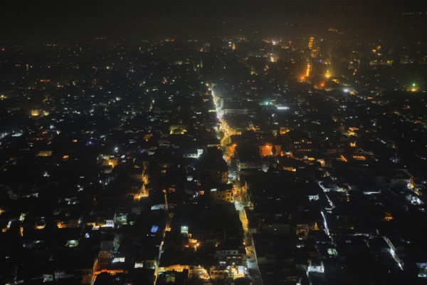 In Damascus, Syria, on December 29, 2025, nighttime drone footage shows the Syrian capital fully illuminated, capturing city lights and urban landscapes as the year comes to an end, Damascus, Damascus, Syria