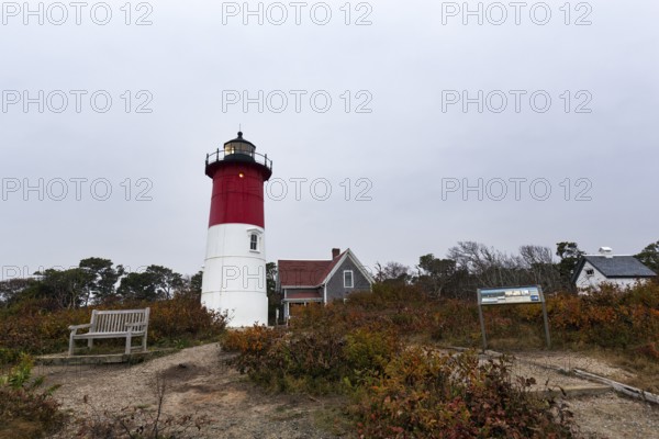 Historic lighthouse, Nauset lighthouse, twilight in autumn, Cape Cod National Seashore in Eastham, Massachusetts, New England, USA