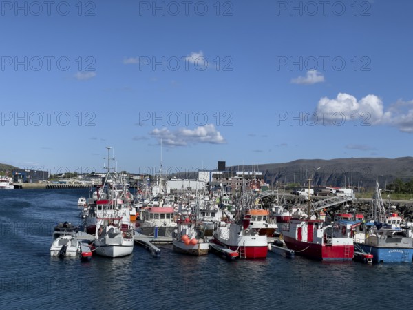 Several fishing boats in Batsfjord harbour, blue sky, mountains in the background, sunny day, Båtsfjord, Finnmark, Norway