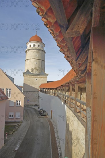 Löpsinger Tor, city gate, city tower with dome, historic rampart with city wall, city fortifications, Nördlingen, Bavaria, Germany