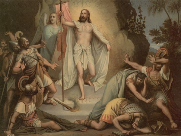 Scene from the biblical story, The Resurrection of Jesus Christ, authentic reproduction of a school mural, historical, around 1900