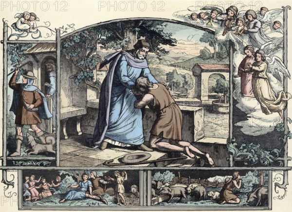 Scene from the biblical story, the famous biblical parable of the prodigal son, authentic reproduction of a school mural, historical, around 1900