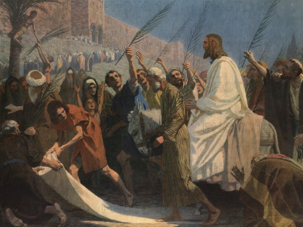Scene from the biblical story, The Entry of Jesus into Jerusalem, authentic reproduction of a school mural, historical, around 1900