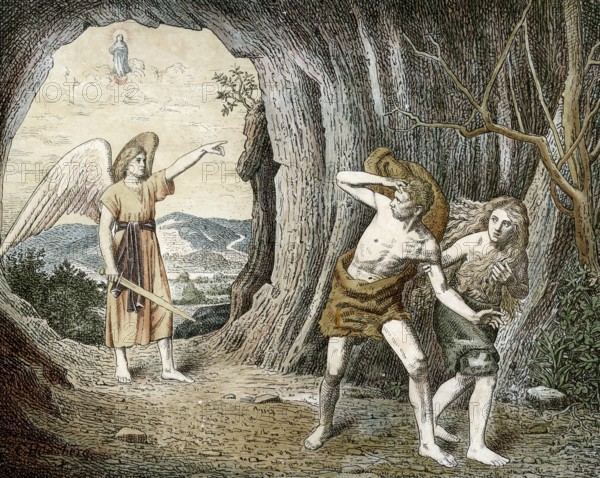 Scene from the biblical story, The Expulsion from Paradise, Adam and Eve, authentic reproduction of a school mural, historical, around 1900
