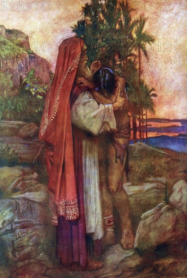 Scene from the biblical story, the famous biblical parable of the prodigal son, authentic reproduction of a school mural, historical, around 1900
