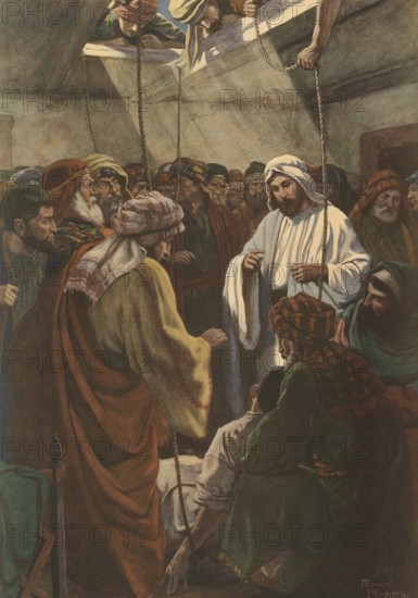 Scene from the biblical story, In the Bible, the story of the man with four friends refers to the healing of a paralyzed man, authentic reproduction of a school mural, historical, around 1900