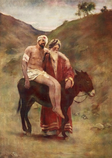 Scene from the biblical story, The Parable of the Good Samaritan is one of the most famous stories of Jesus in the New Testament, authentic reproduction of a school mural, historical, around 1900