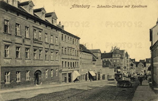 Altenburg, Schmölln Straße with Karolinum, today Altenburger Land district, Thuringia, Germany, postcard, view around 1900 - 1910, historical, digital reproduction of a historical postcard, authentic, public domain, from that time, exact date unknown