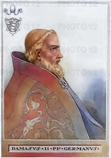 Damasus II, previously Poppo of Brixen (probably born in Pildenau near Ering, Lower Bavaria, died 9 August 1048 in Palestrina), was pope from 17 July to 9 August 1048. He is considered a German pope due to his origins and his proximity to the Salian emperor, Historical, authentic, digitally restored reproduction from a 19th century original, Record date not stated, subsequently coloured