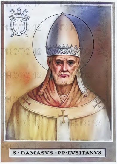 Damasus I (also Damasius I, the Diamond, born around 305 probably in Lusitania, died 11 December 384 in Rome) was Bishop of Rome (Pope) from 1 October 366 to 11 December 384. He was elected Pope as a deacon of the Roman Bishop Liberius and was venerated as a saint after his death, Historical, authentic, digitally restored reproduction from a 19th century original, Record date not stated, subsequently coloured