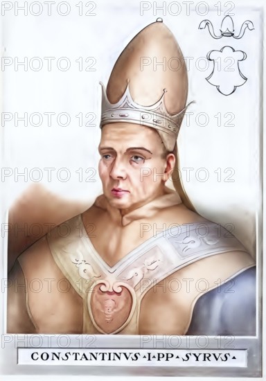 Constantine I (Constantinus I, born in Tyre, Syria, died 9 April 715 in Rome) was enthroned as pope on 25 March 708 and held the office until his death on 9 April 715. He was the last pope to visit Constantinople until 1967, Historical, authentic, digitally restored reproduction from a 19th century original, record date not stated, subsequently coloured