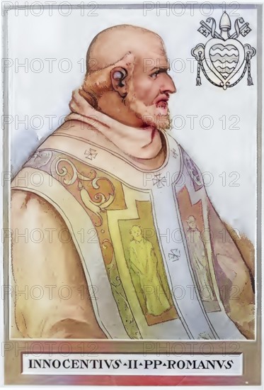 Innocent II, formerly Gregorio Papareschi di Guidoni, born in front of 1088 in Rome, died September 24, 1143 in Rome, was Pope from 1130 to 1143, historical, authentic, digitally restored reproduction from a 19th century original, record date not stated, subsequently colored