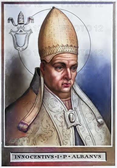 Innocent I (born in front of 401, died 12 March 417) was pope from 21 December 401 to 12 March 417, Historical, authentic, digitally restored reproduction from a 19th century original, record date not stated, subsequently coloured