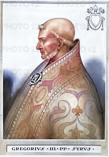 Gregory III (died 28 November 741 in Rome) was a Catholic clergyman from Syria and Bishop of Rome from 731 to 741, Historical, authentic, digitally restored reproduction from a 19th century original, Record date not stated, subsequently coloured