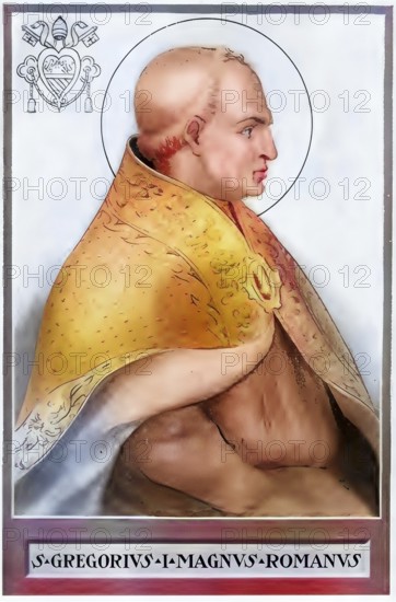 Gregory the Great (Gregorius, as Pope Gregory I, born around 540 in Rome, died there on 12 March 604) was pope from 590 to 604. He is considered one of the most important popes and is the youngest of the four great Latin church fathers of late antiquity. He was canonised in 1295, Historical, authentic, digitally restored reproduction from a 19th century original, Record date not stated, subsequently coloured