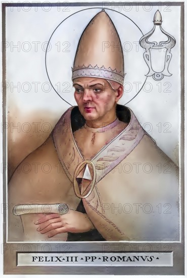 Felix III (born in Samnium, died 530) was Bishop of Rome from 526 until his death, Historical, authentic, digitally restored reproduction from a 19th century original, Record date not stated, subsequently coloured